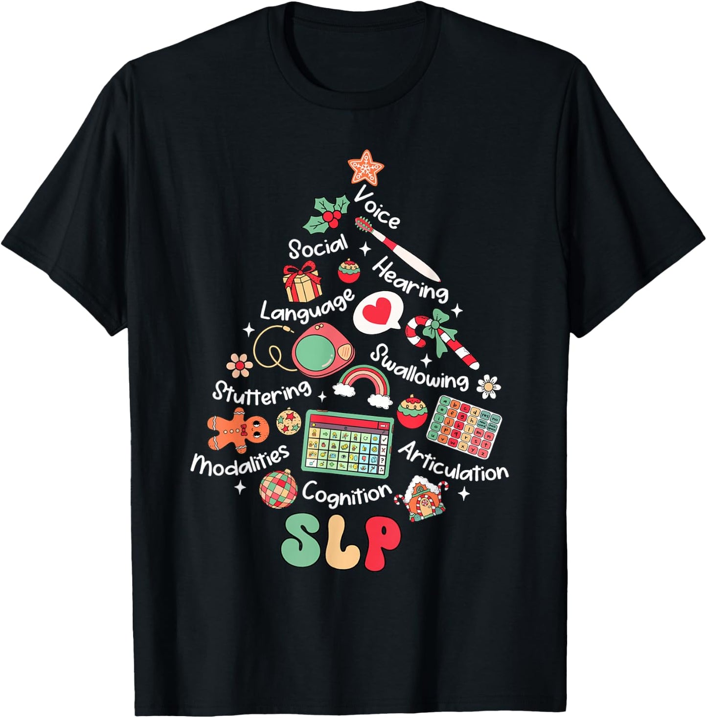 Speech Therapy Christmas Tree Merry Xmas SLP Therapist Funny T-Shirt - T-Shirt | Black