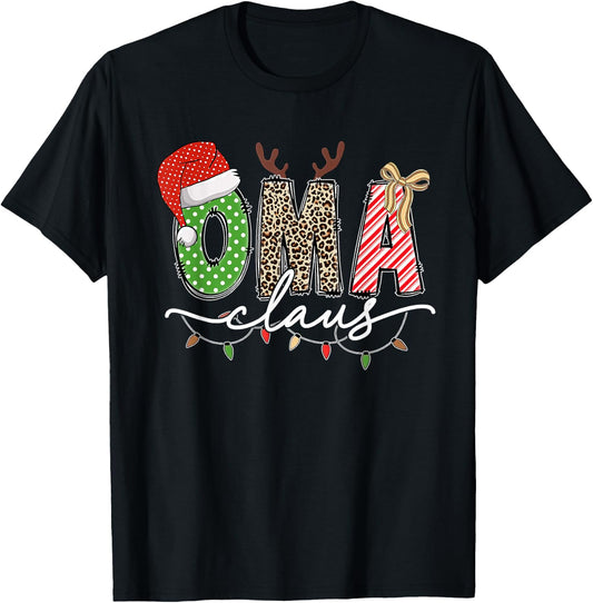 Oma Claus Christmas Lights And Reindeer Santa Hat Grandma T-Shirt - T-Shirt | Black