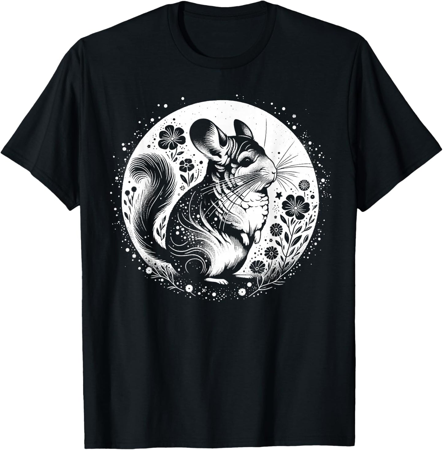 Kunstvoller Chinchilla mit Mond und Blumen T-Shirt - T-Shirt | Black