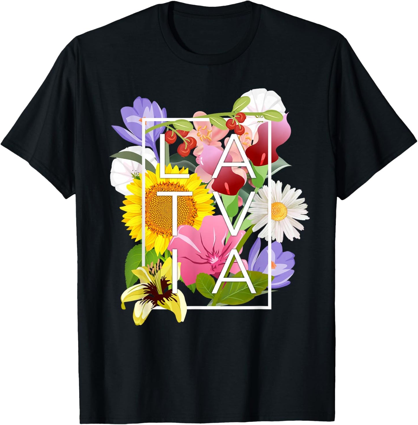 Flowers of Latvia Word Art - Latvian Pride T-Shirt - T-Shirt | Black