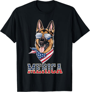 Merica German Shepherd Dog 4th of July American Flag T-Shirt - T-Shirt | Black