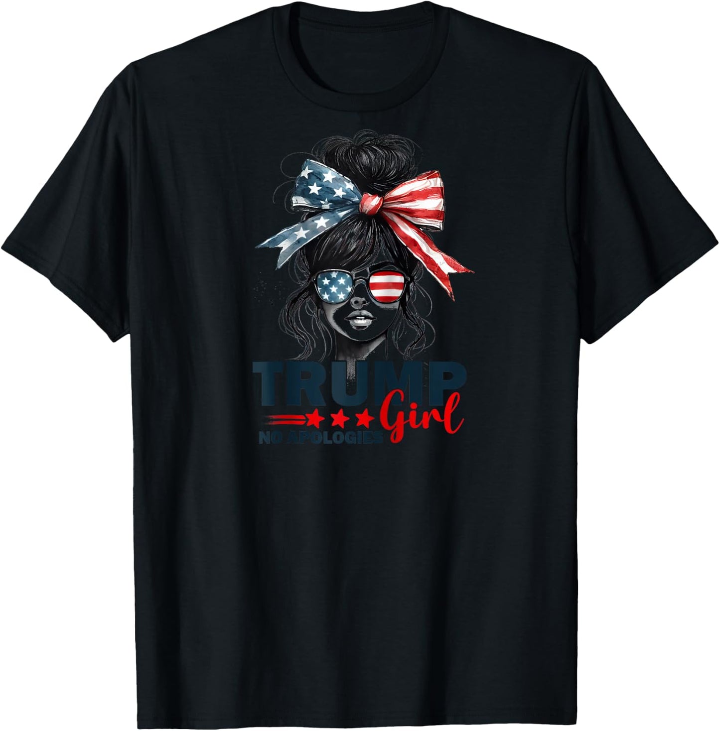 Trump Girl No Apologies Messy Bun Sunglasses Trump 2024 USA Raglan Baseball T-Shirt - T-Shirt | Black