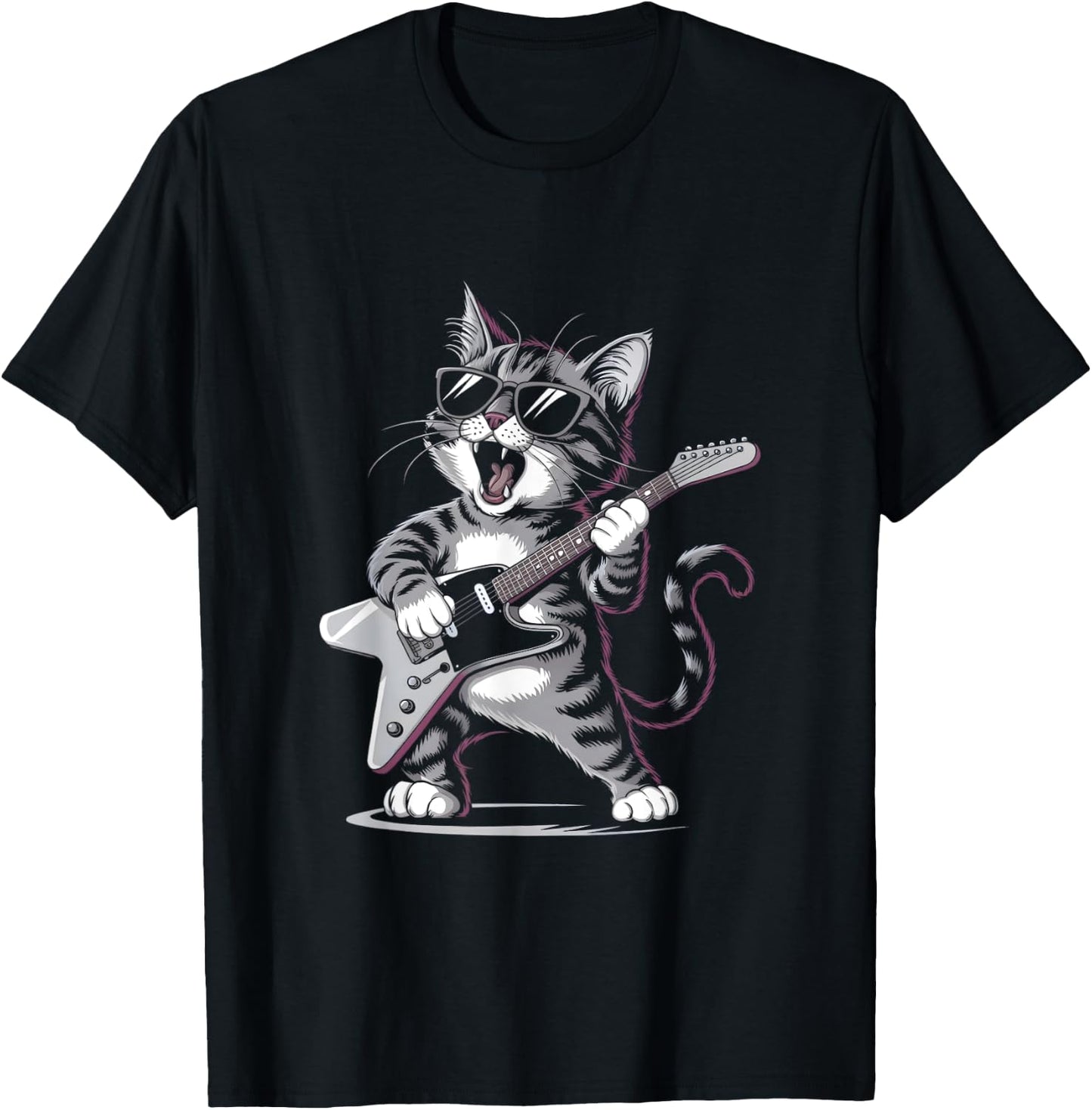 Cat Playing Guitar - Fun Cat Lover and Guitarist Artwork Men Women Girls Kids T-Shirt - T-Shirt | Black
