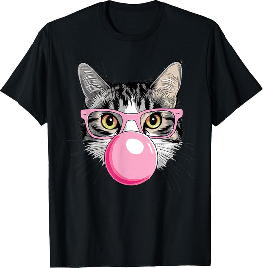 Funny Cat with Glasses Blowing Bubble Gum T-Shirt - T-Shirt | Black