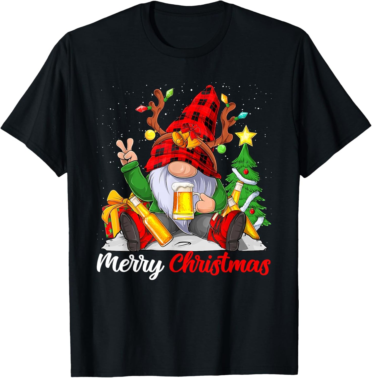 Funny Merry Christmas Beer Lover Men Women Gnome Lovers T-Shirt - T-Shirt | Black