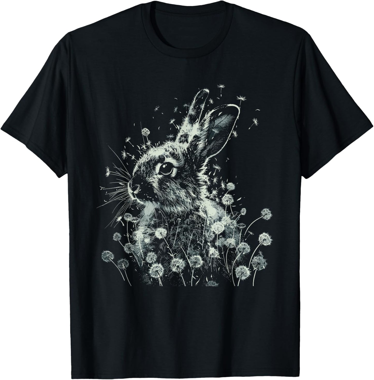 Rabbit Dandelion Wildlife Animal Bunny Nature Art T-Shirt - T-Shirt | Black