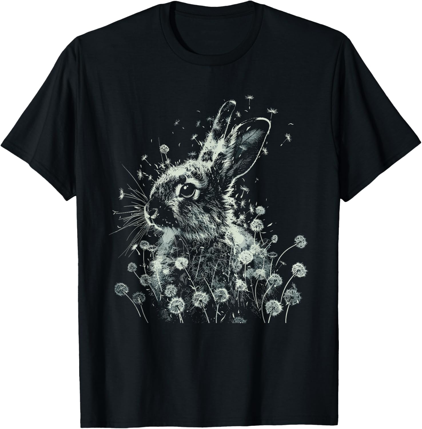 Rabbit Dandelion Wildlife Animal Bunny Nature Art T-Shirt - T-Shirt | Black