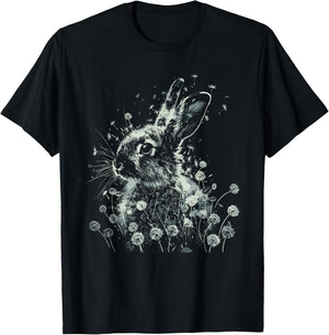Rabbit Dandelion Wildlife Animal Bunny Nature Art T-Shirt - T-Shirt | Black