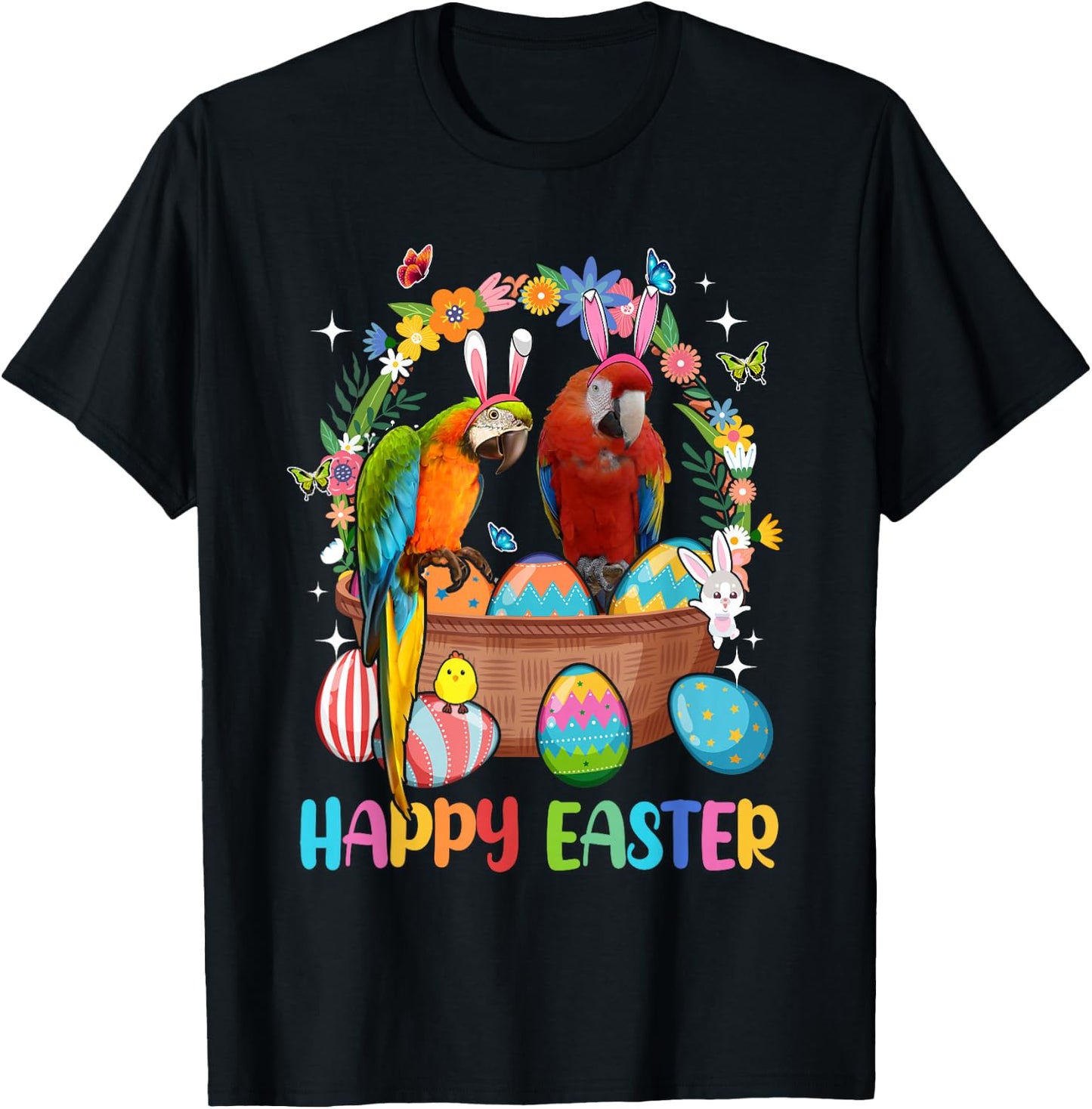 Happy Easter Three Cute Bunny Parrots In Eggs Basket Lover T-Shirt - T-Shirt | Black