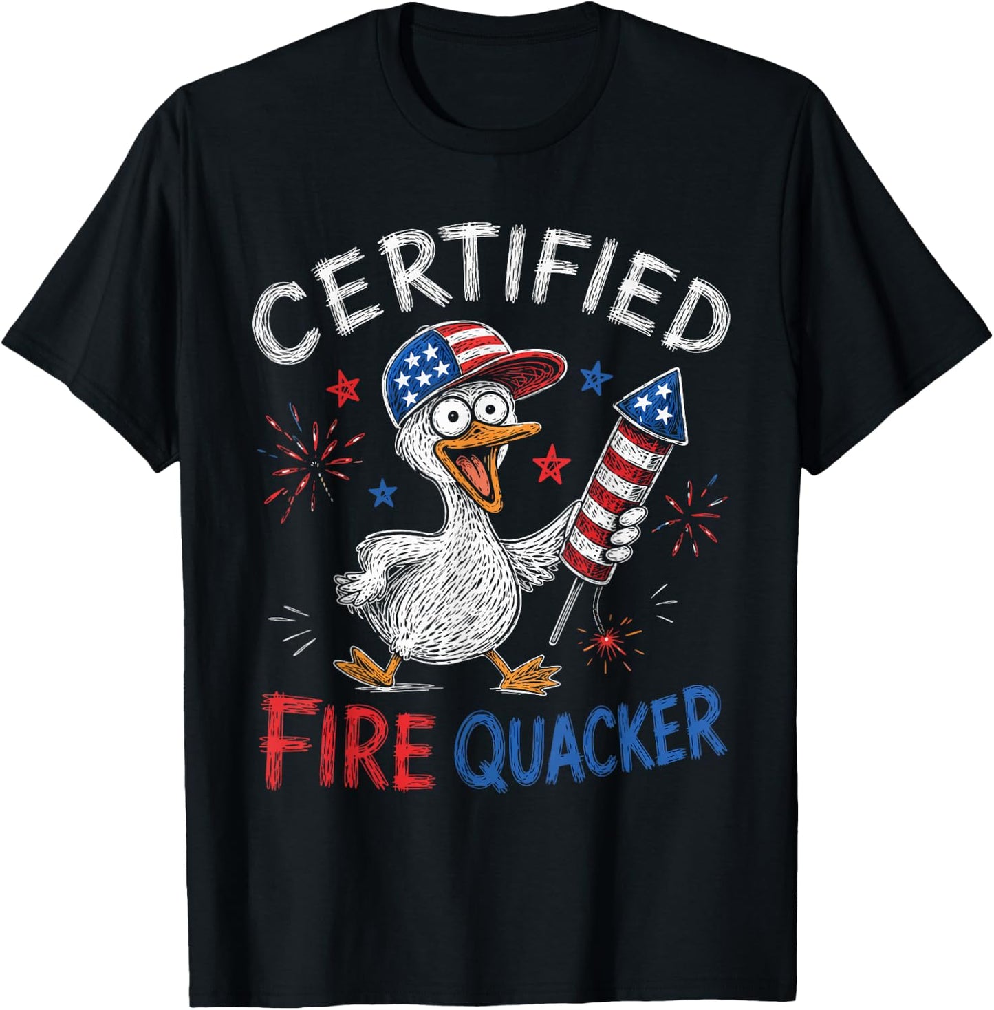 Certified Fire Quacker Funny Patriotic Duck Doodle 4th July T-Shirt - T-Shirt | Black