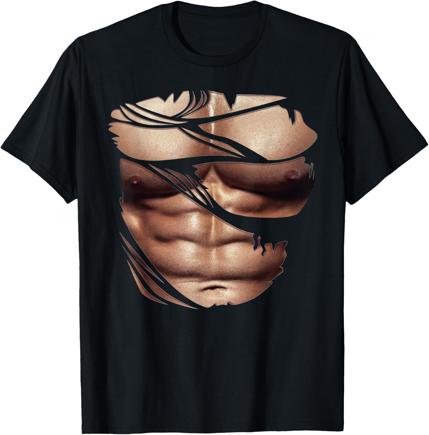 Fake Muscles Ripped Torn Chest Six Pack Abs Fitness Model T-Shirt - T-Shirt | Black