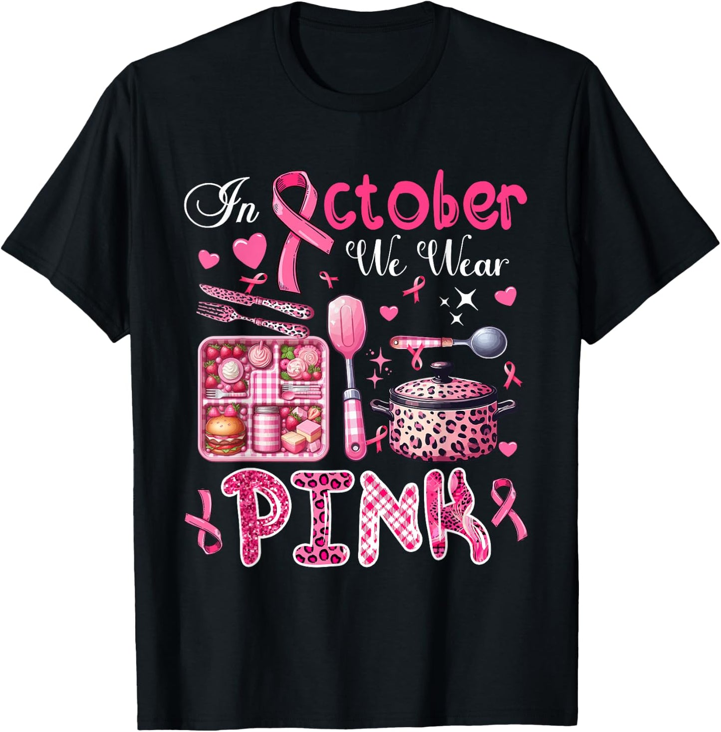 In October We Wear Pink Breast Cancer Awareness Lunch Lady T-Shirt - T-Shirt | Black