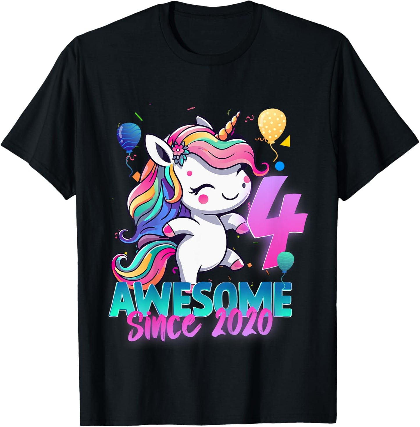 Kids 4th Birthday Girl Awesome Since 2020 4 Years Old Unicorn T-Shirt - T-Shirt | Black