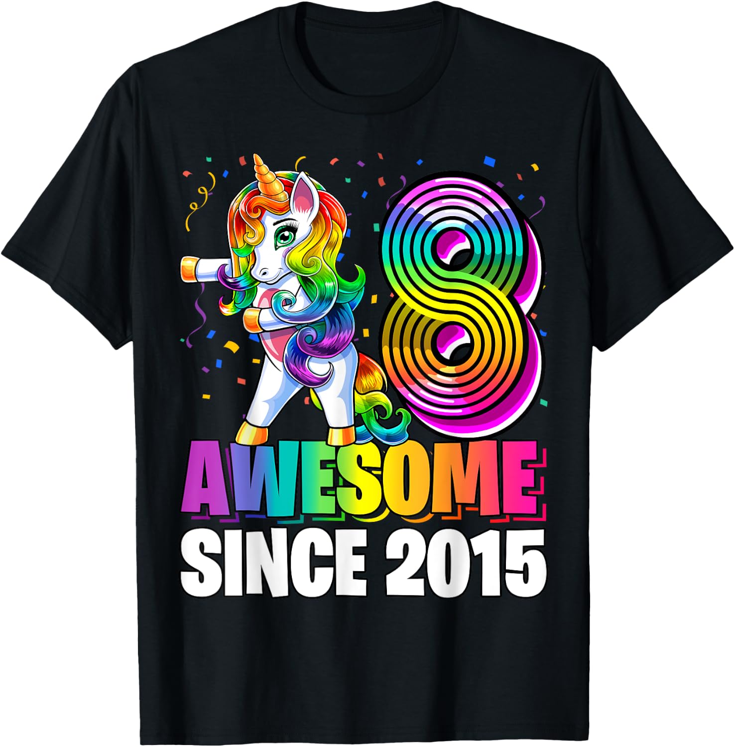 8 Awesome Since 2015 Flossing Unicorn 8th Birthday Girls T-Shirt - T-Shirt | Black
