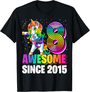 8 Awesome Since 2015 Flossing Unicorn 8th Birthday Girls T-Shirt - T-Shirt | Black