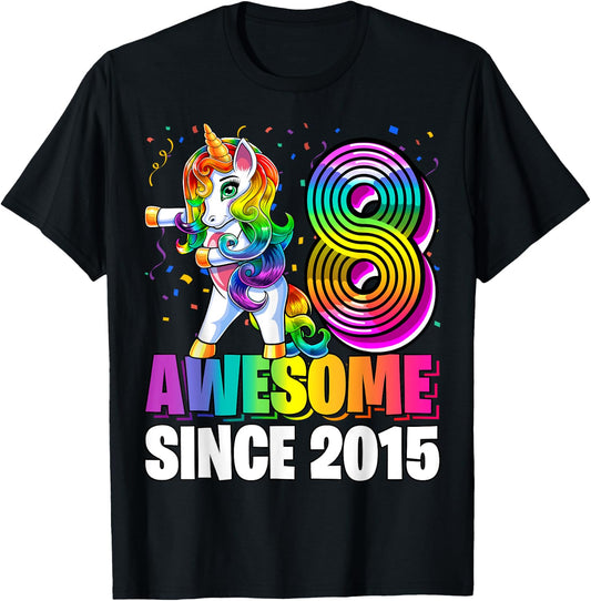 8 Awesome Since 2015 Flossing Unicorn 8th Birthday Girls T-Shirt - T-Shirt | Black