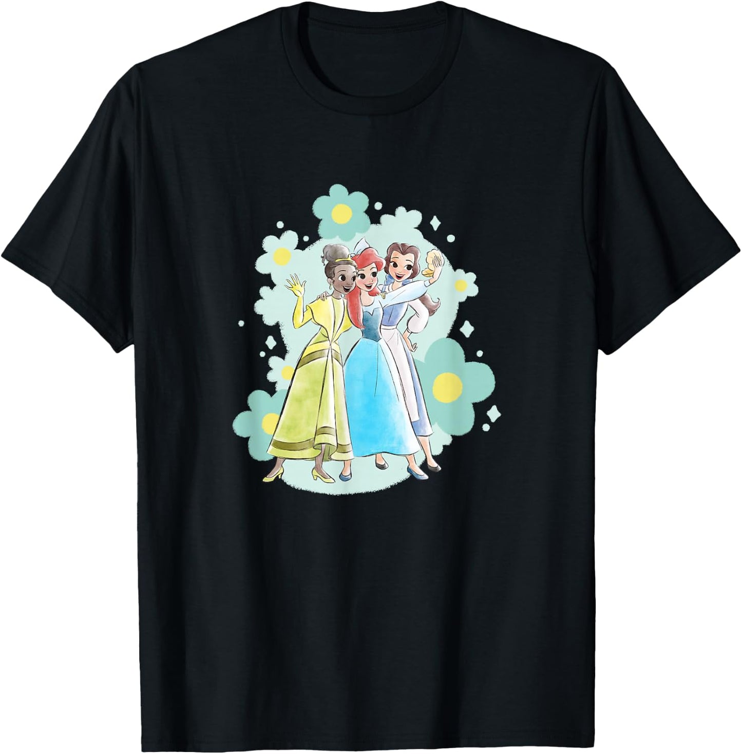 Disney Princess Belle Ariel Tiana Princess Selfie Florals T-Shirt - T-Shirt | Black