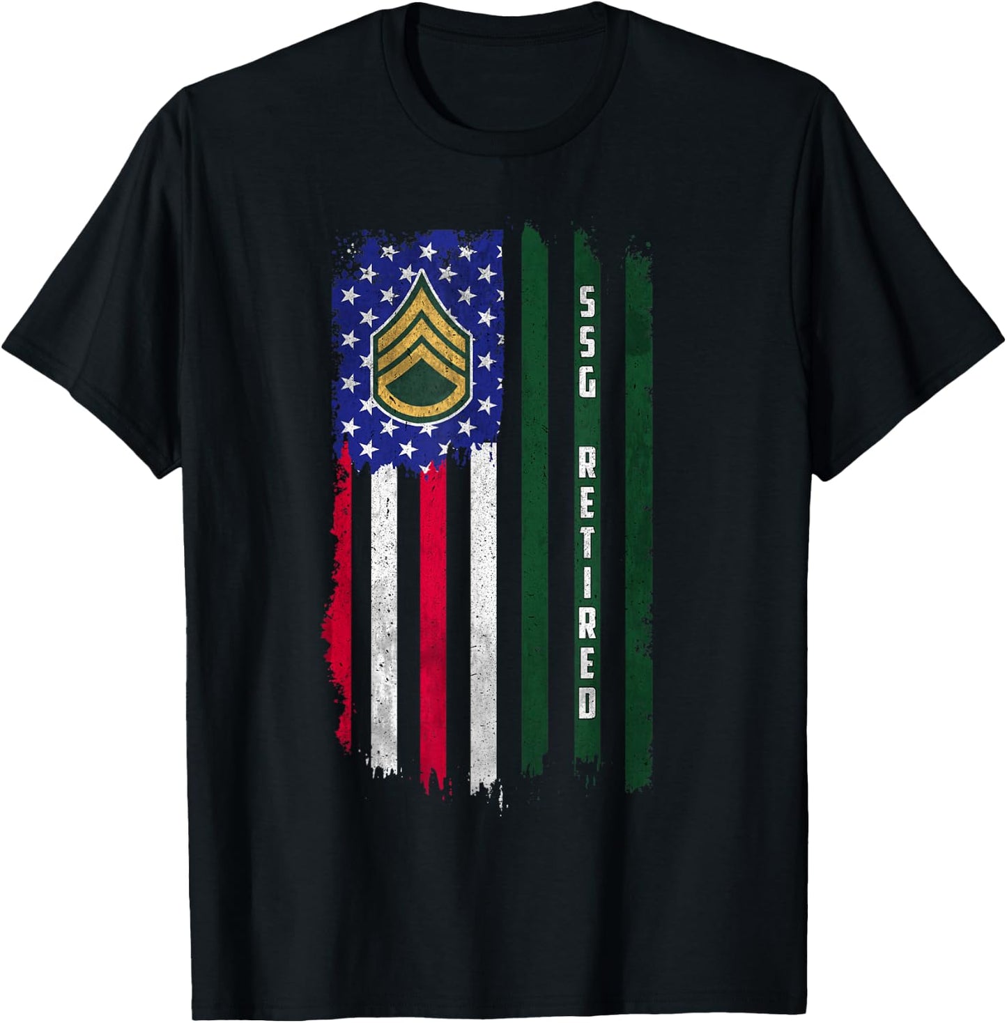 Retired E-6 Staff Sergeant SSG Rank American Flag Veteran T-Shirt - T-Shirt | Black