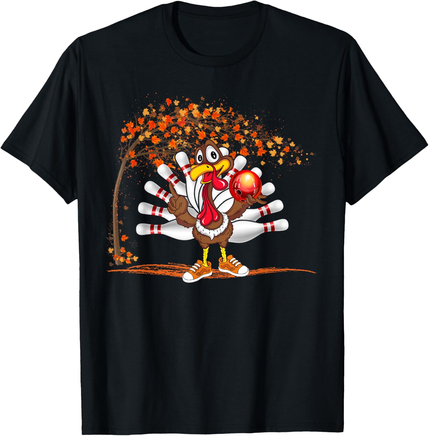 Turkey Playing Bowling Thanksgiving Turkey Tail Bowling T-Shirt - T-Shirt | Black