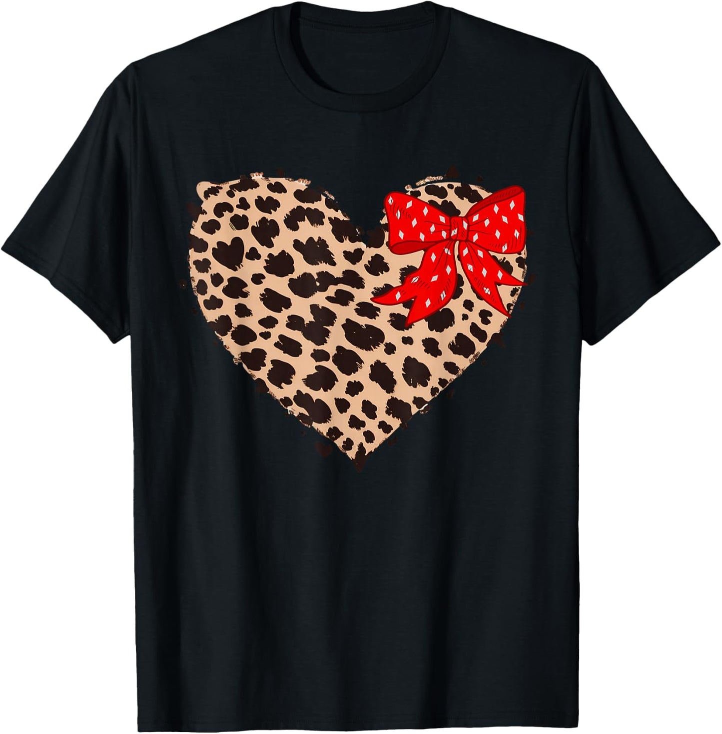 Cheetah Leopard Heart Girls Animal Print Pink Ribbon Red T-Shirt - T-Shirt | Black