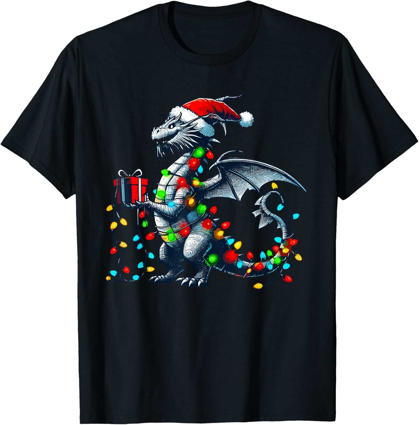 Dragon Wearing Santa Claus Hat Holding A Present Box Xmas T-Shirt - T-Shirt | Black