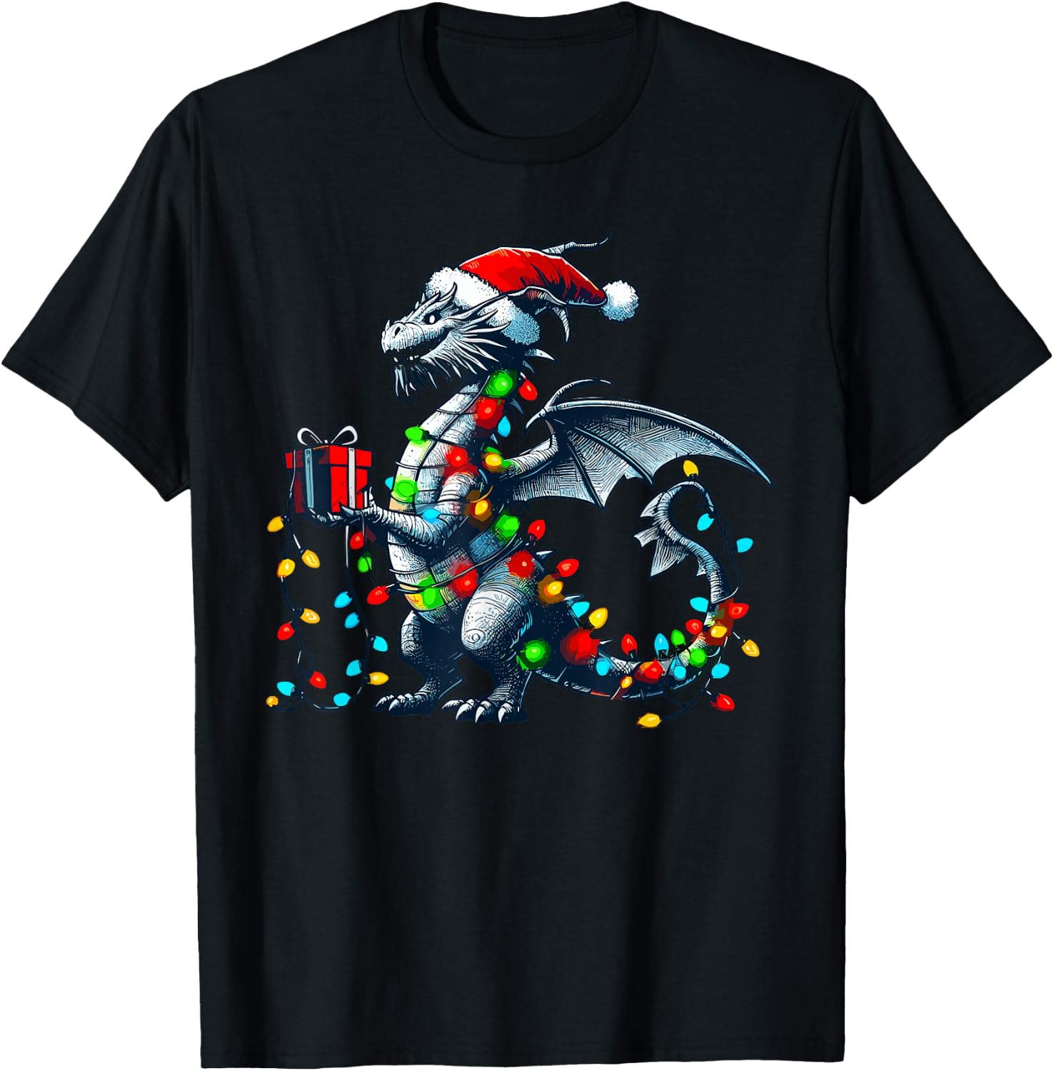 Dragon Wearing Santa Claus Hat Holding A Present Box Xmas T-Shirt - T-Shirt | Black
