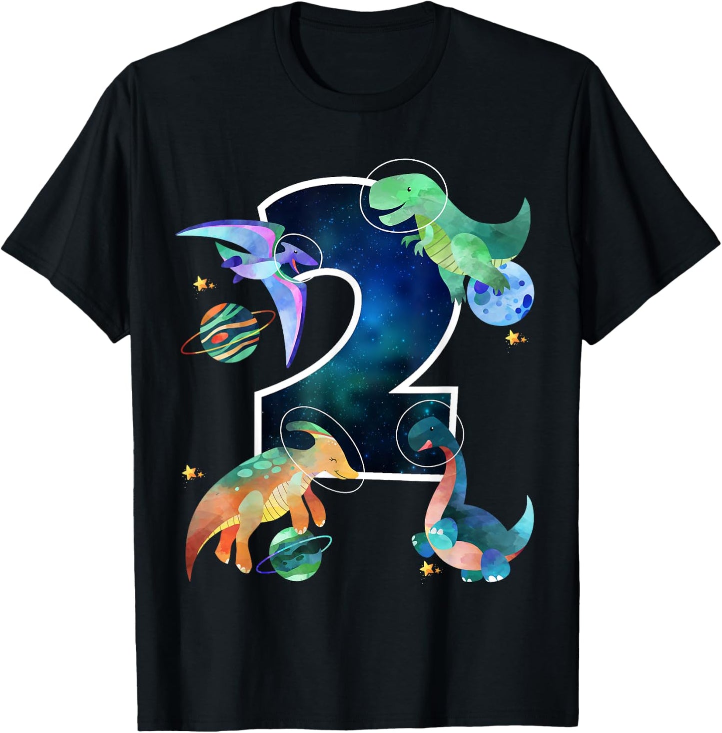 Kids Astronaut Outer Space Dinosaurs 2nd Birthday Boy Gift T-Shirt - T-Shirt | Black