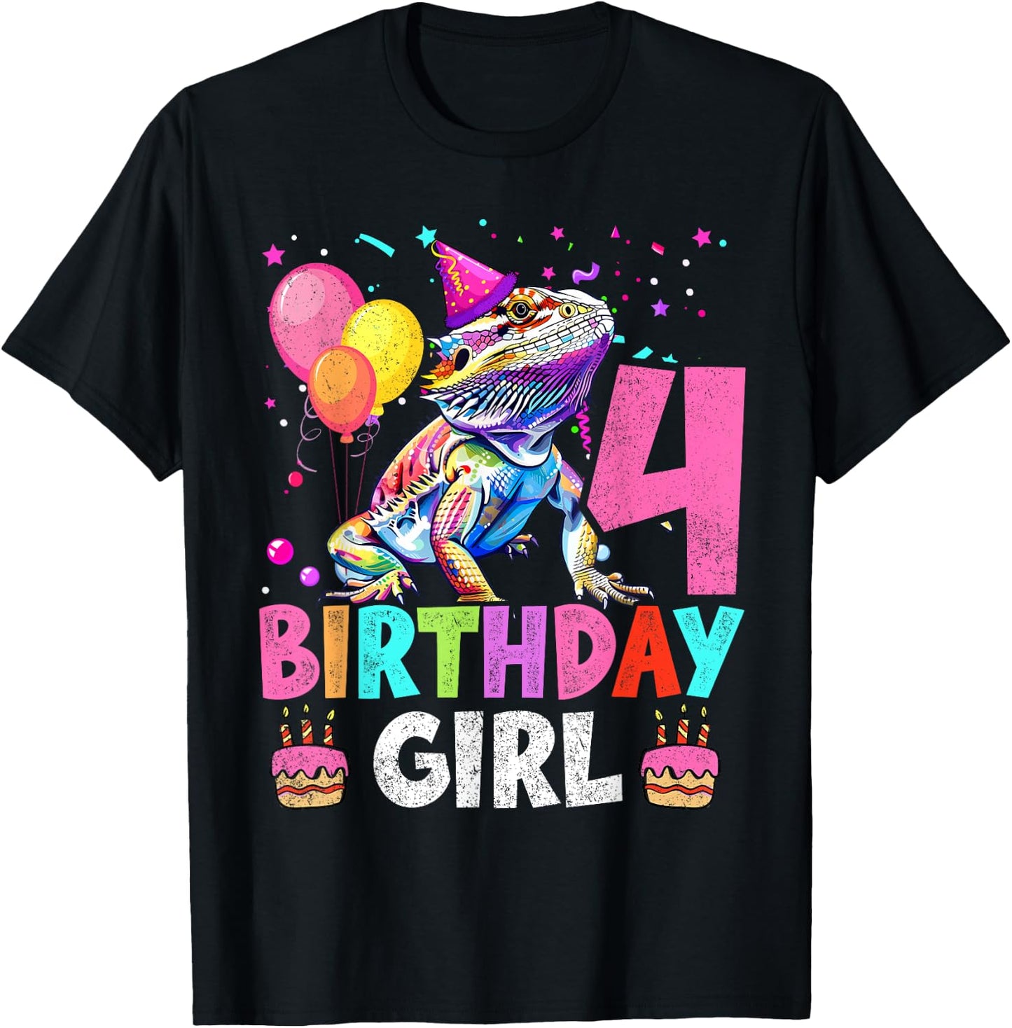 4th Birthday Girl Bearded Dragon 4 Years Old Bday Party T-Shirt - T-Shirt | Black