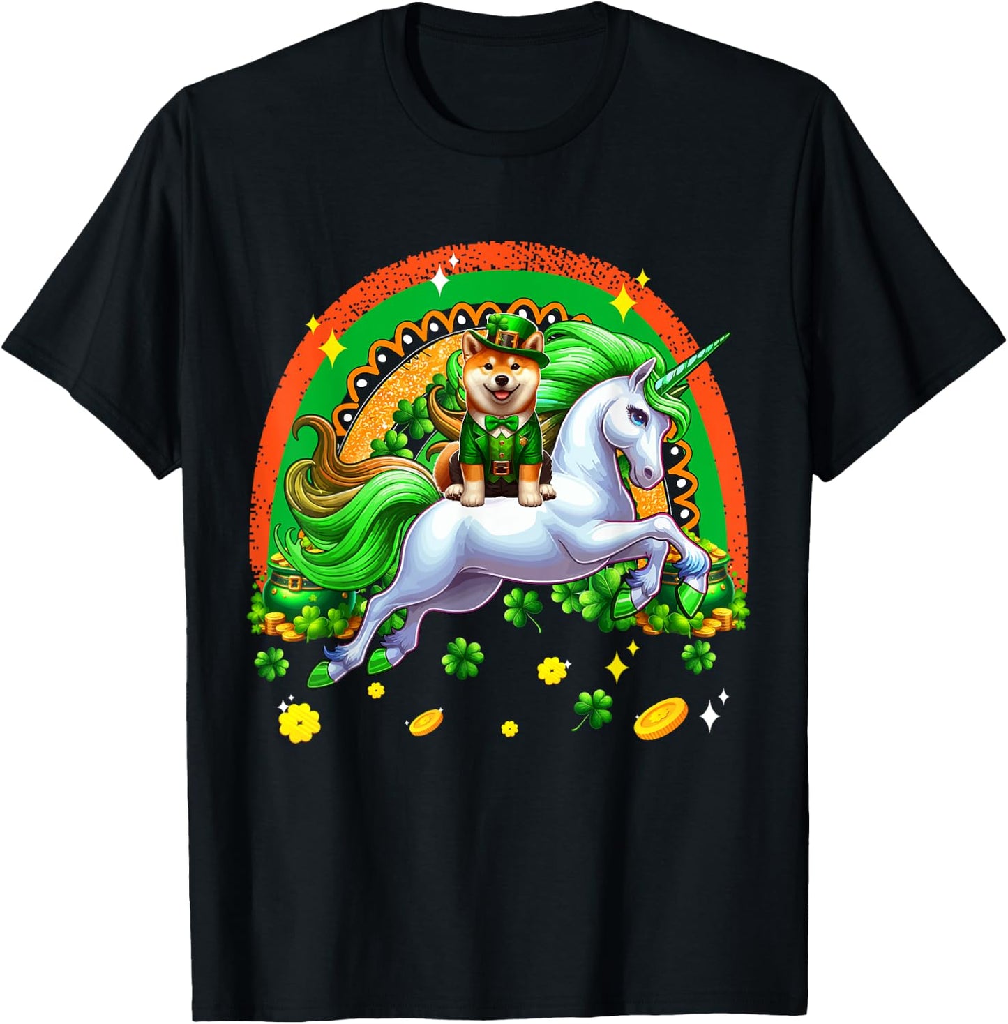 Patrick's Day Shiba Inu Riding Unicorn Shamrocks Rainbow T-Shirt - T-Shirt | Black