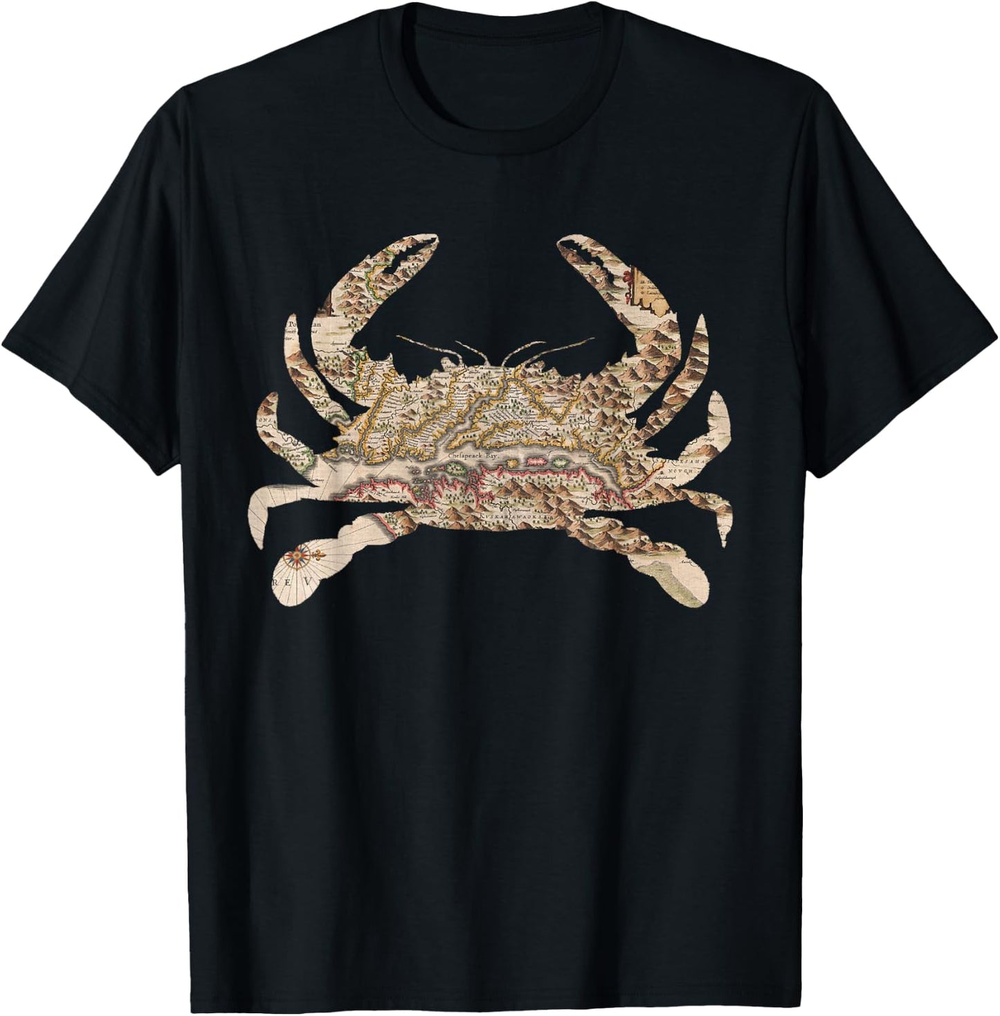 Chesapeake Bay Map (1630) Blue Crab Silhouette T-Shirt - T-Shirt | Black