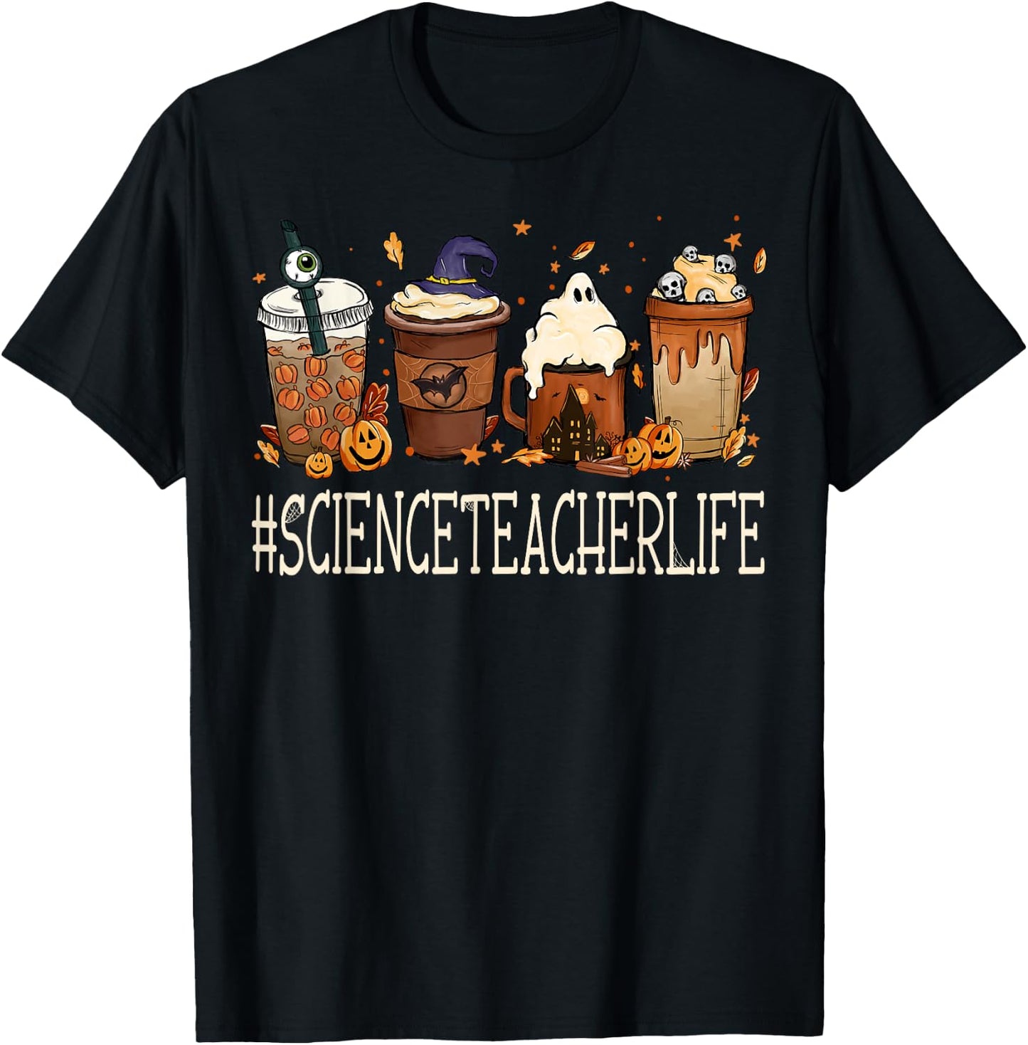 Science Teacher Horror Fall Coffee Halloween Pumpkin Autumn T-Shirt - T-Shirt | Black