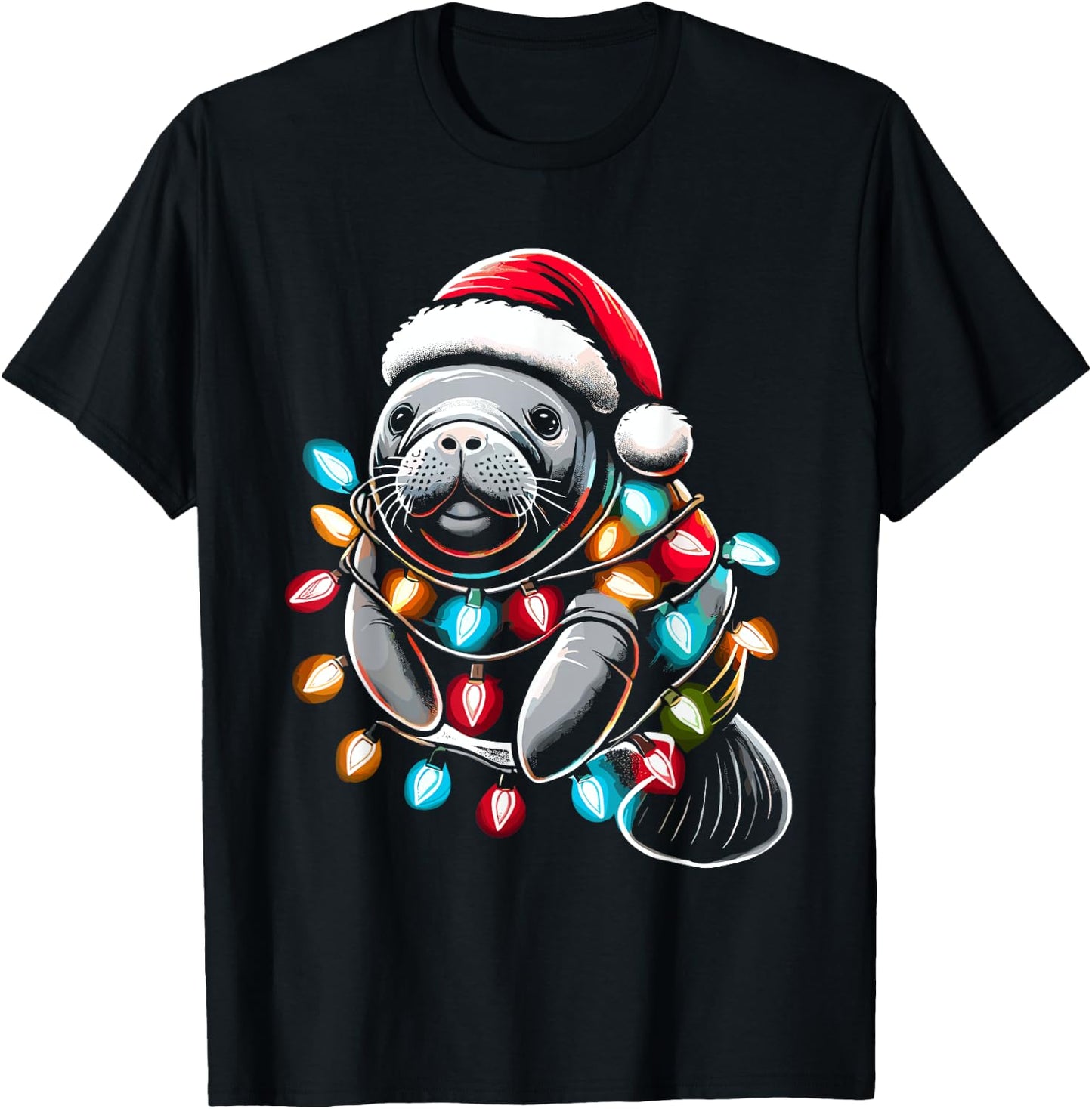 Manatee Santa Hat Christmas Lights Pajama Funny Xmas T-Shirt - T-Shirt | Black