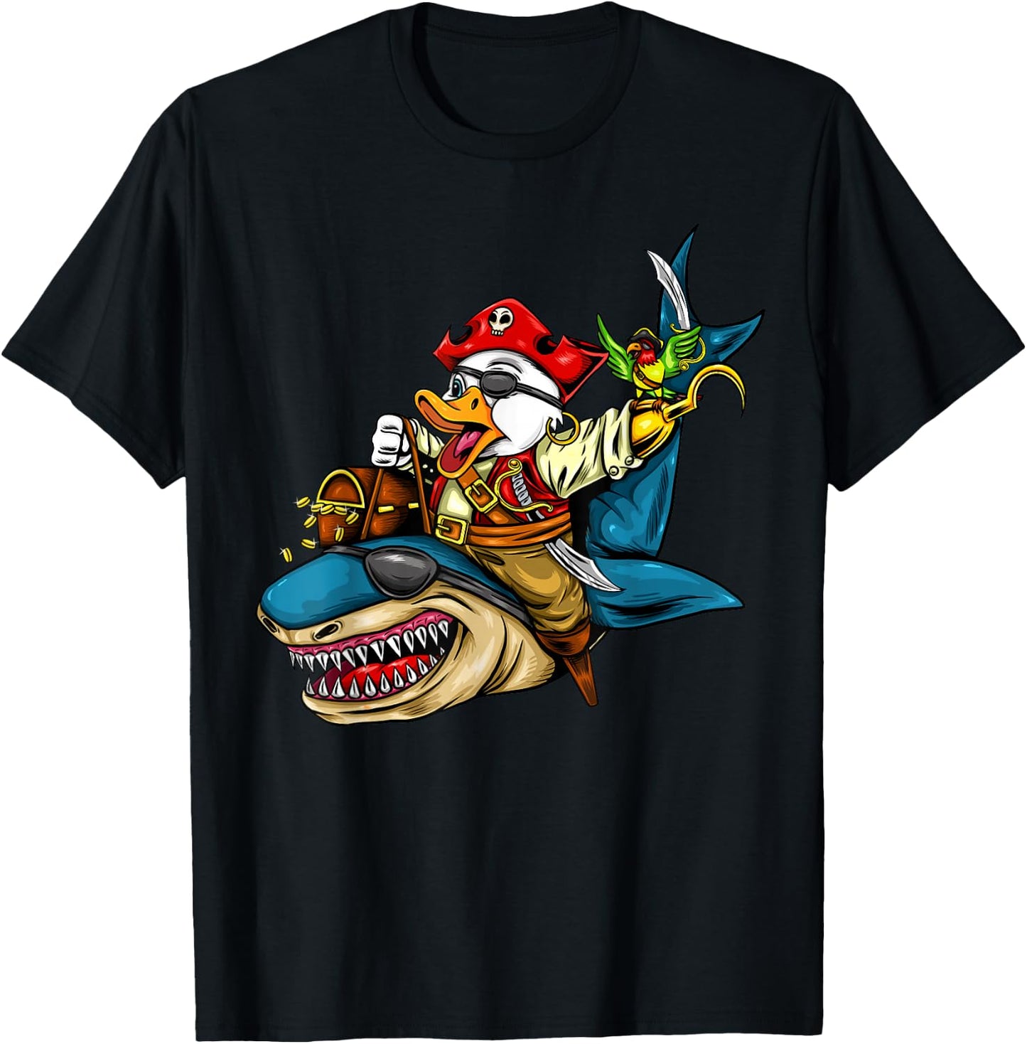 Pirate Duck Riding Shark Halloween T-Shirt - T-Shirt | Black