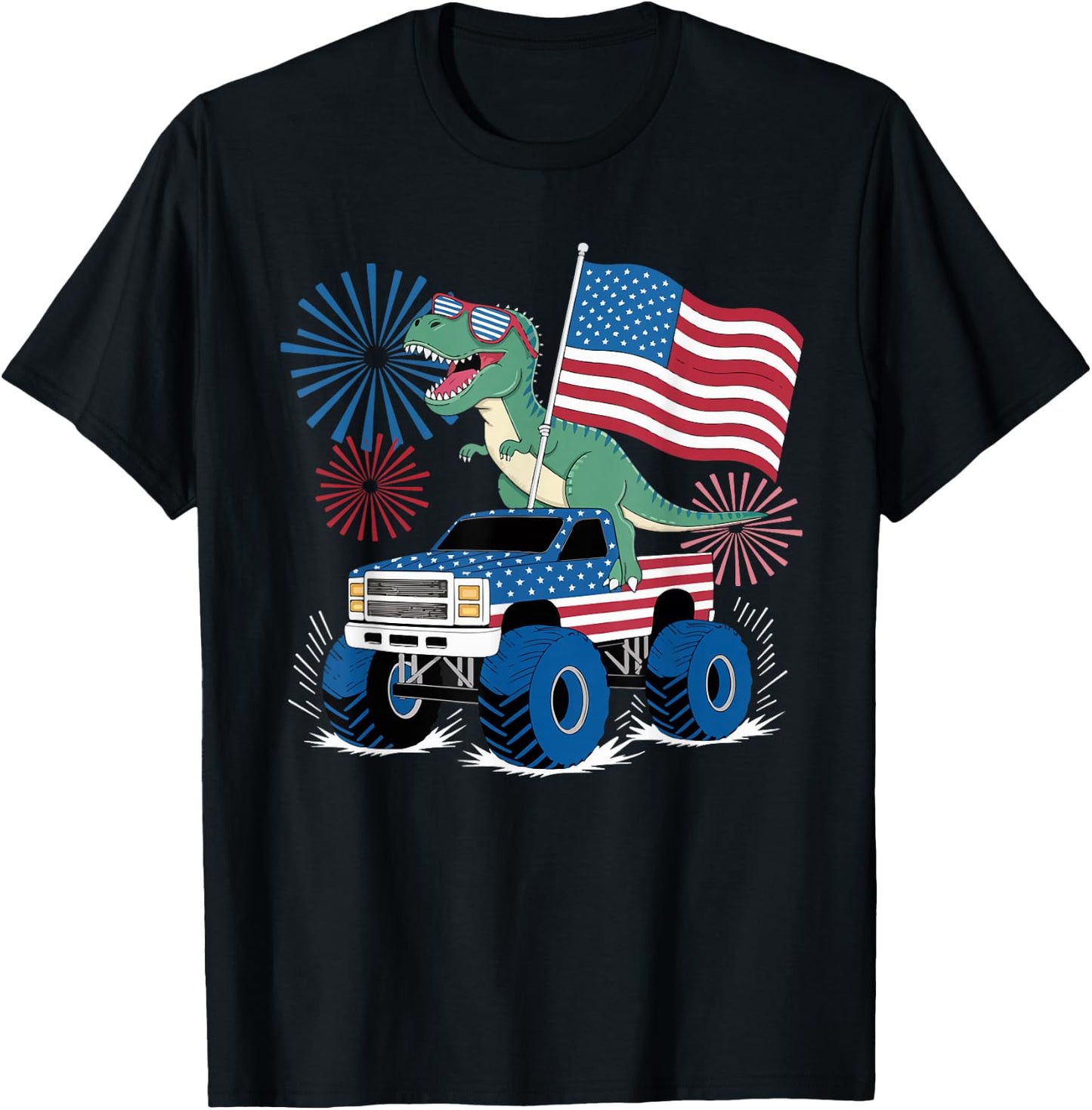 Dinosaur 4th Of July T Rex Dinosaur Truck Dino T-Shirt - T-Shirt | Black