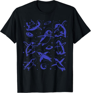Retro Penguins In Space Astronaut Sea Animal Penguins Lover T-Shirt - T-Shirt | Black