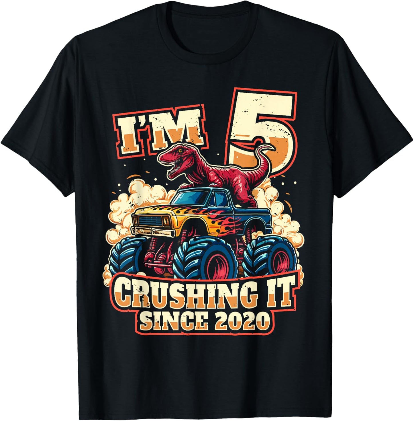 5 Year Old Boys 5th Birthday Dinosaur Monster Truck Party T-Shirt - T-Shirt | Black