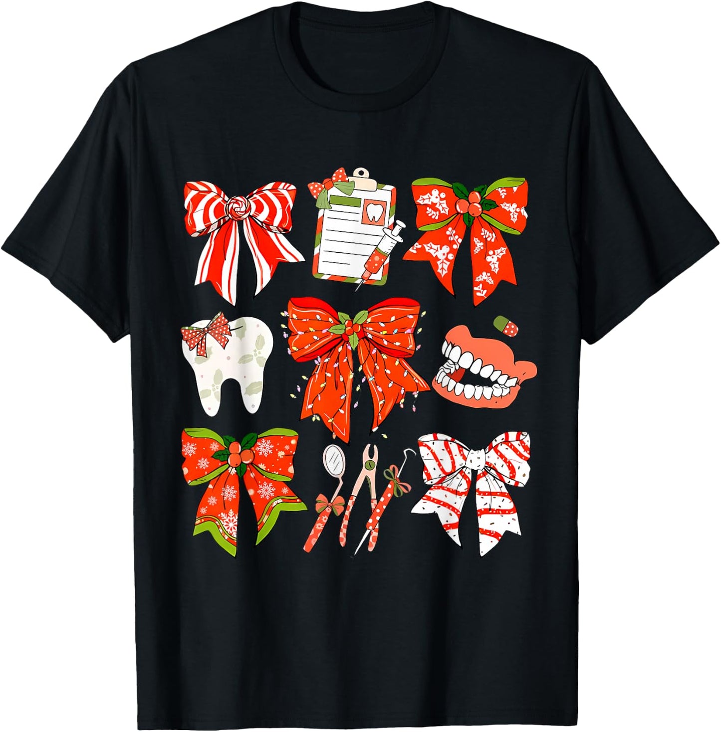 Coquette Bow Dental Christmas Dentist Dental Hygienist T-Shirt - T-Shirt | Black