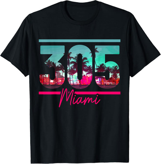 Miami 305 Vorwahl Florida Vintage Palmen Pride Retro T-Shirt - T-Shirt | Black