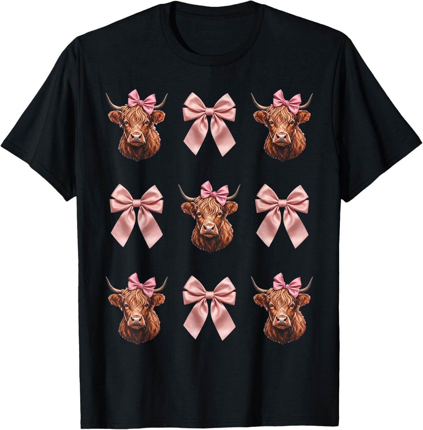 Farm Farmer Scottish Coquette Bow Ribbon Highland Cows T-Shirt - T-Shirt | Black