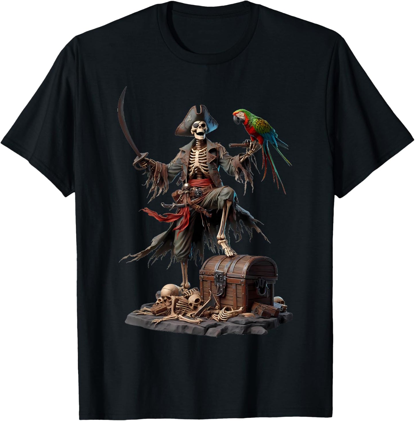 Skeleton Pirate Treasure Chest Parrot Ghostly Skull T-Shirt - T-Shirt | Black