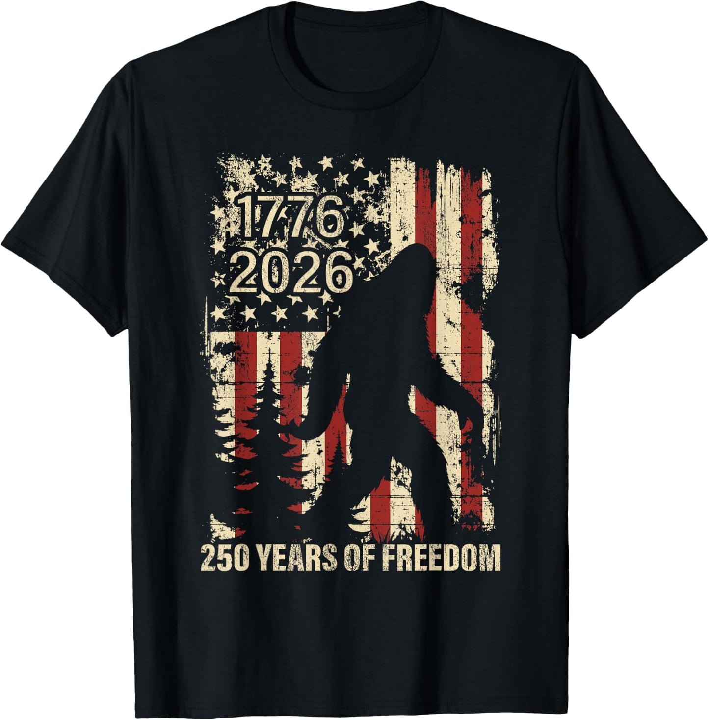 Big Foot Bigfoot Sasquatch American Flag Patriotic 4th July T-Shirt - T-Shirt | Black