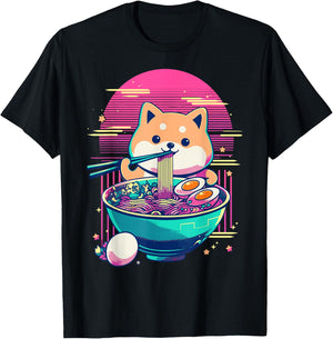 Anime Shiba Inu Eating Ramen Japanese Ramen Japan T-Shirt - T-Shirt | Black