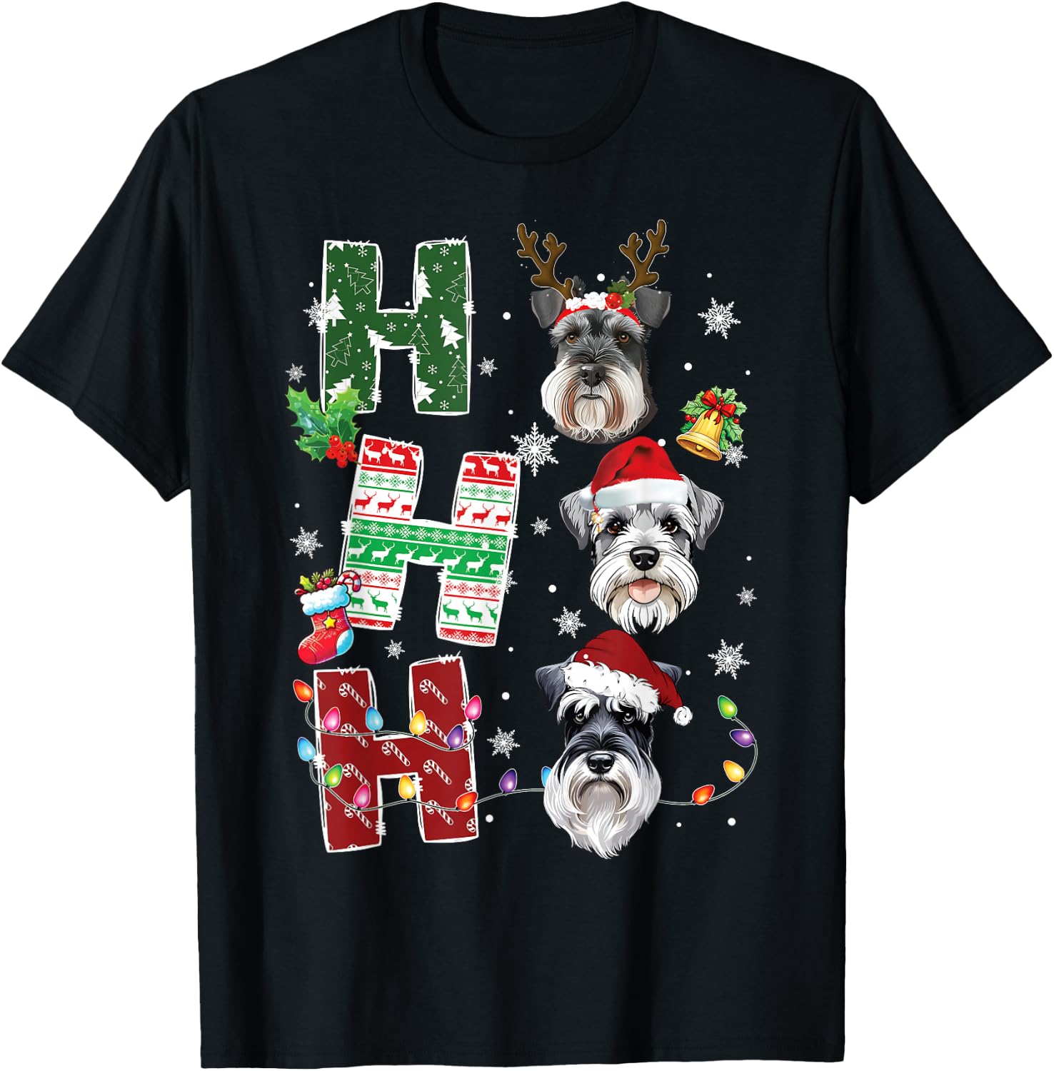 Ho Ho Ho Miniature Schnauzer Christmas Dogs Costume Pajamas T-Shirt - T-Shirt | Black