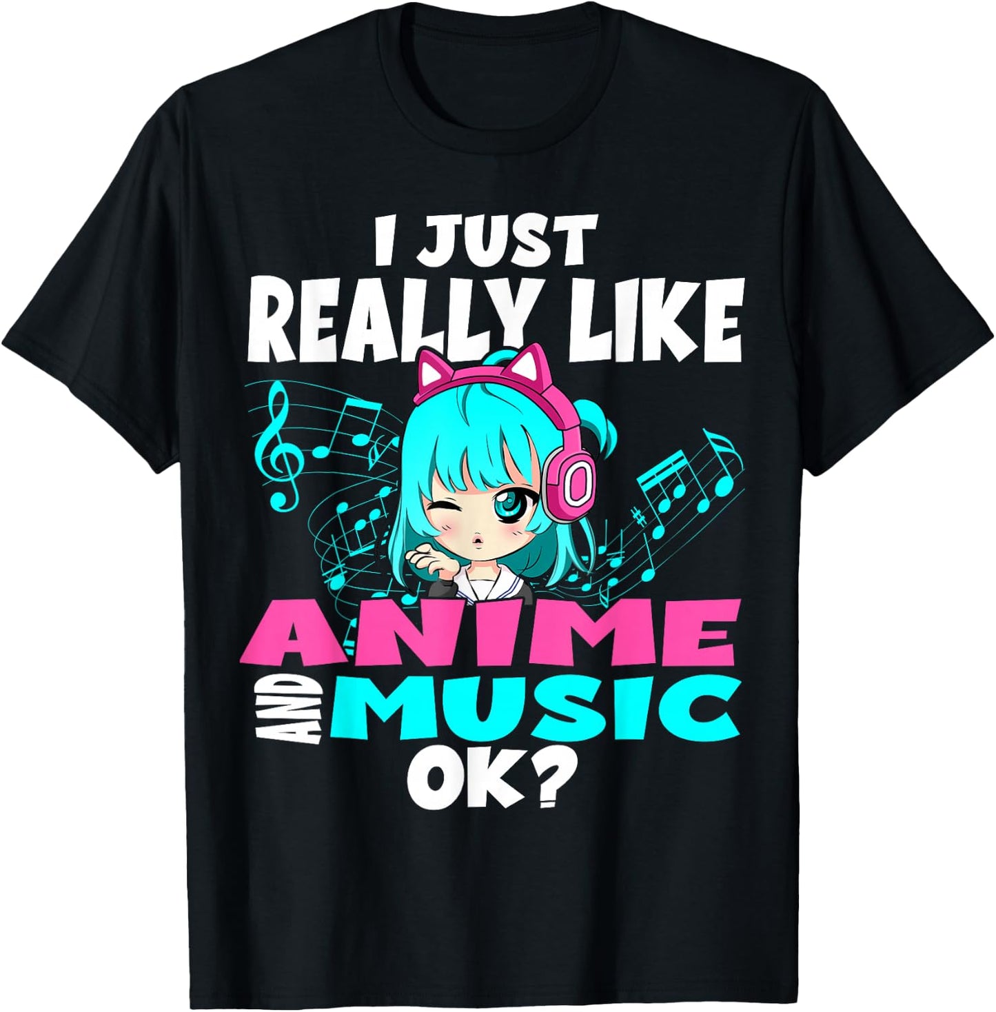 Anime and Music Kawaii Chibi Graphic Teen Anime Girl T-Shirt - T-Shirt | Black