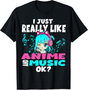 Anime and Music Kawaii Chibi Graphic Teen Anime Girl T-Shirt - T-Shirt | Black