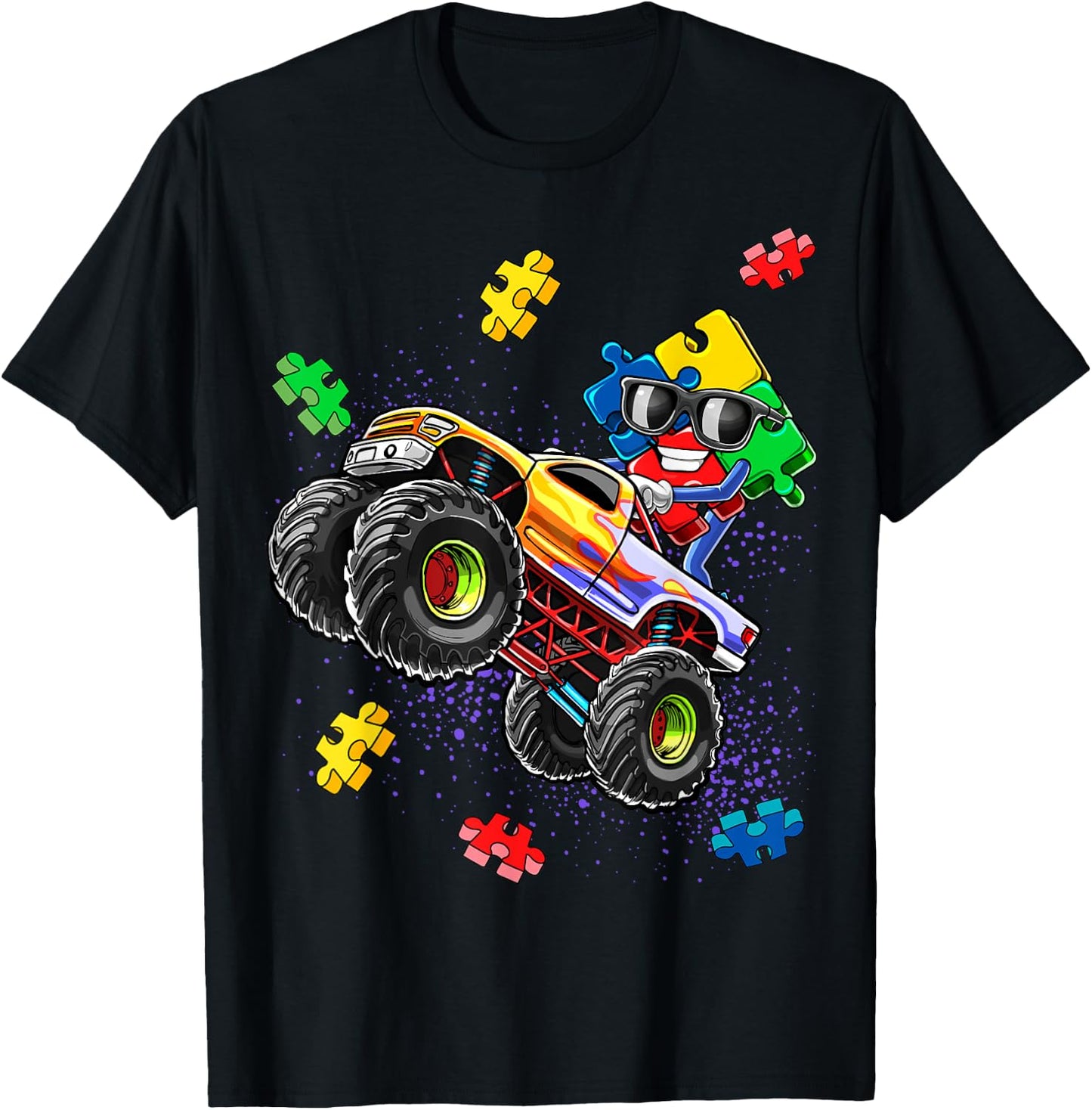 Monster Truck Autism Awareness Puzzle Piece Gift Boys T-Shirt - T-Shirt | Black