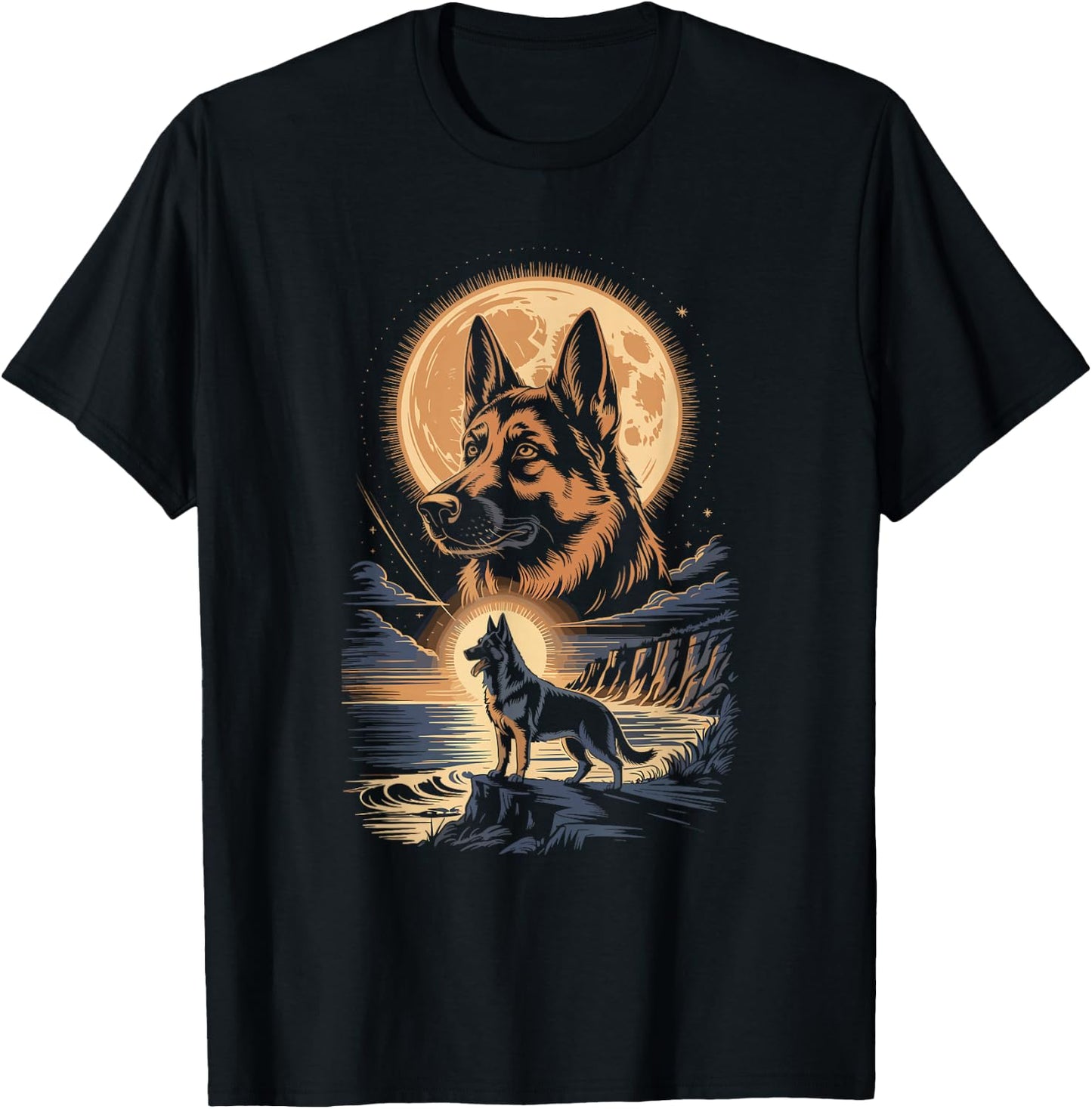 Moonlit Coast German Shepherd Night T-Shirt - T-Shirt | Black