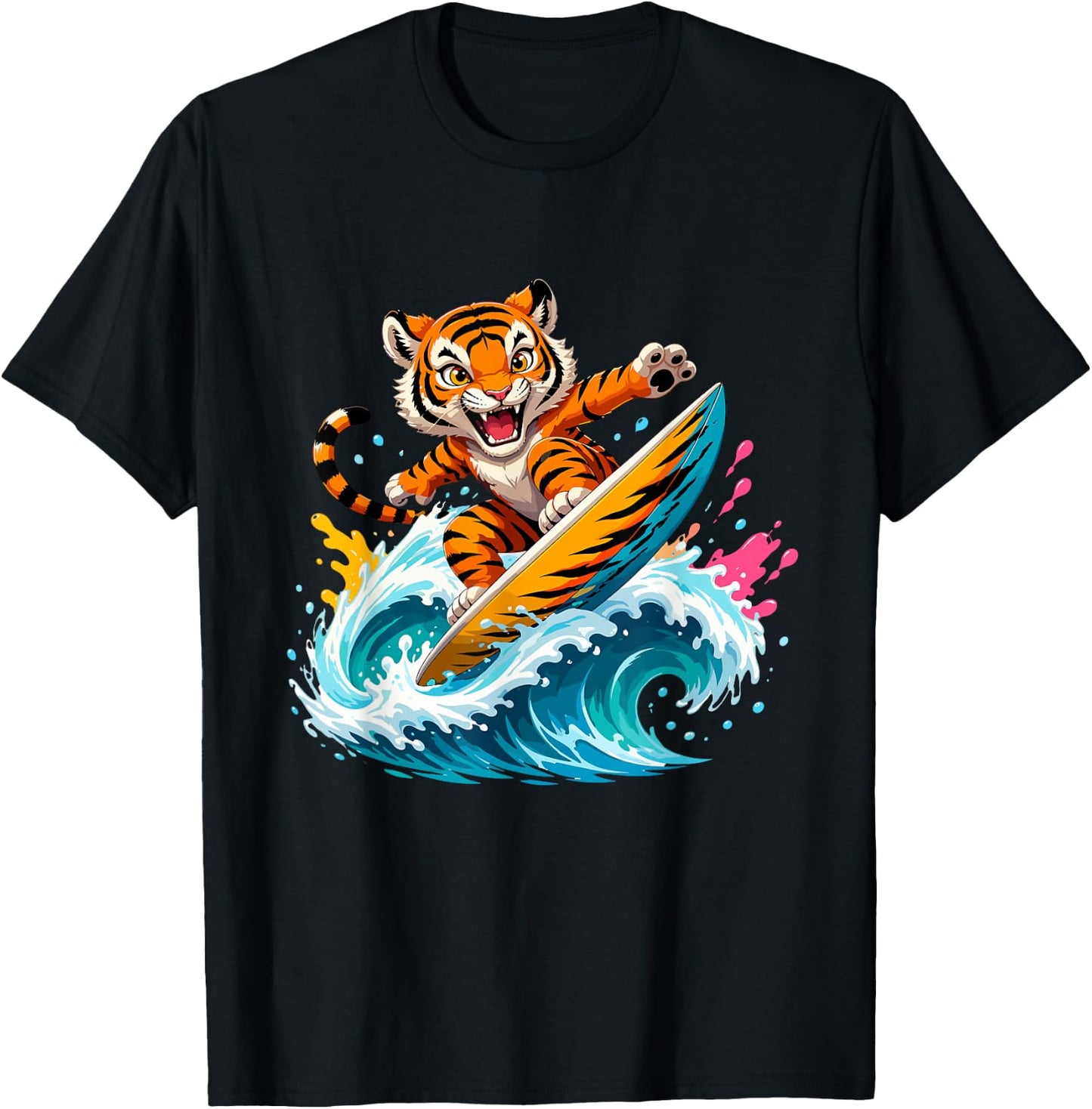 Cartoon Tiger Surfer Riding Big Ocean Wave T-Shirt - T-Shirt | Black