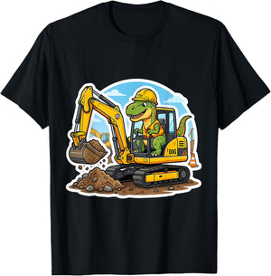 Dinosaur Excavator Operator Dino Boys Kids Heavy Equipment T-Shirt - T-Shirt | Black