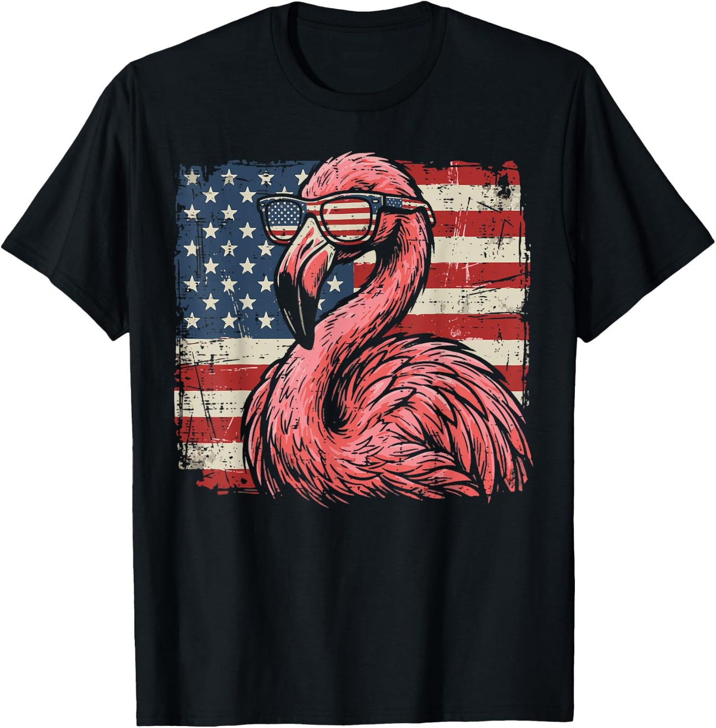 4th of July Flamingo US Flag Sunglasses Patriotic Men Women T-Shirt - T-Shirt | Black